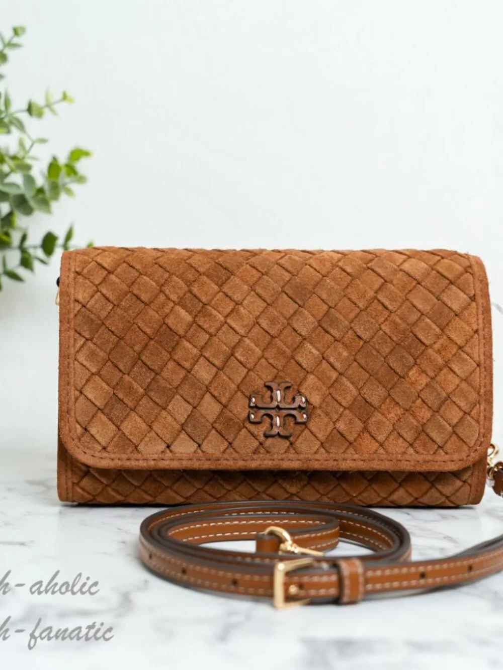 Tory Burch Thea Woven Suede Flat Wallet Crossbody in Chicory Brown NWT